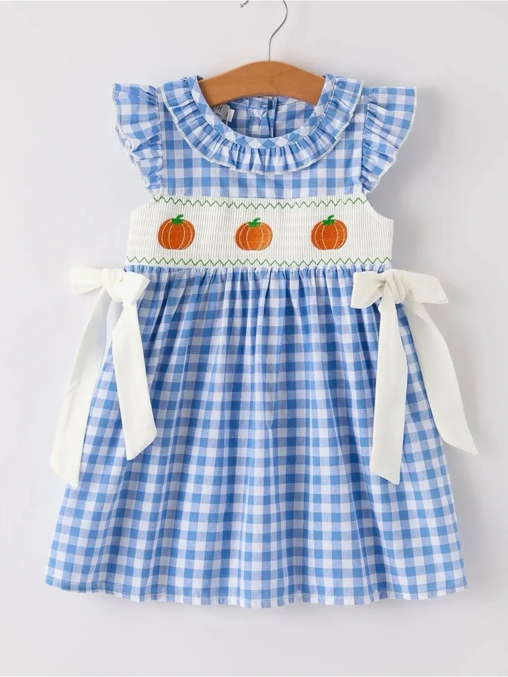 Rylee Faith Fall Thanksgiving Blue Pumpkin Smocked Embroidery Baby Girl Dress 6T